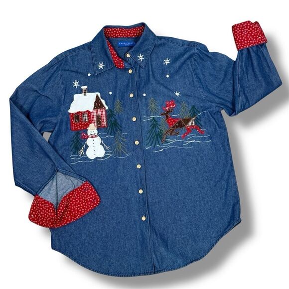Karen Scott Embroidered Country Christmas Denim Button Up Shirt Blue Medium - Picture 12 of 12